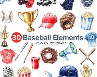 Baseball Clipart Bundle, Watercolor Sports PNG, Game Day Clip Art, Bat Glove Jersey, Softball Player Graphics, Instant Download for Crafters