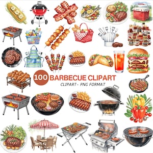 Watercolor BBQ Clipart Bundle: Summer Cookout Graphics (Commercial Use, Digital Download)