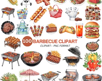 Watercolor BBQ Clipart Bundle: Summer Cookout Graphics (Commercial Use, Digital Download)