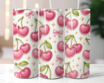 Coquette Cherry Tumbler Wrap: Glitter Bow, Pink Hearts (PNG Digital Download)