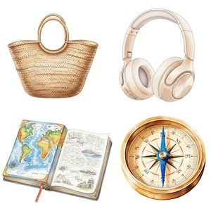Hand-painted summer vacation clipart bundle with watercolor travel graphics, suitable for sublimation, junk journaling, and printables.