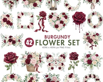 Burgundy Blush Floral Clipart, Watercolor Flowers PNG, Burgundy Peony Rose Bouquet, Wedding Clipart, Moody Floral Invitation, Commercial Use