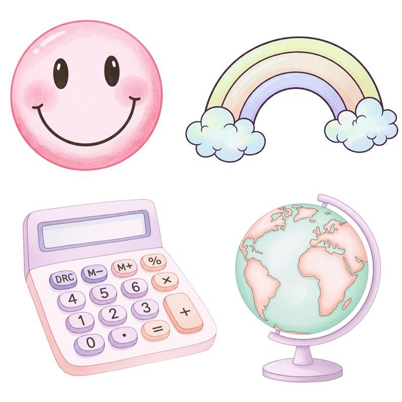 Charming pastel school illustrations ideal for teacher appreciation cards, planner stickers, classroom themes, and DIY educational printables.
