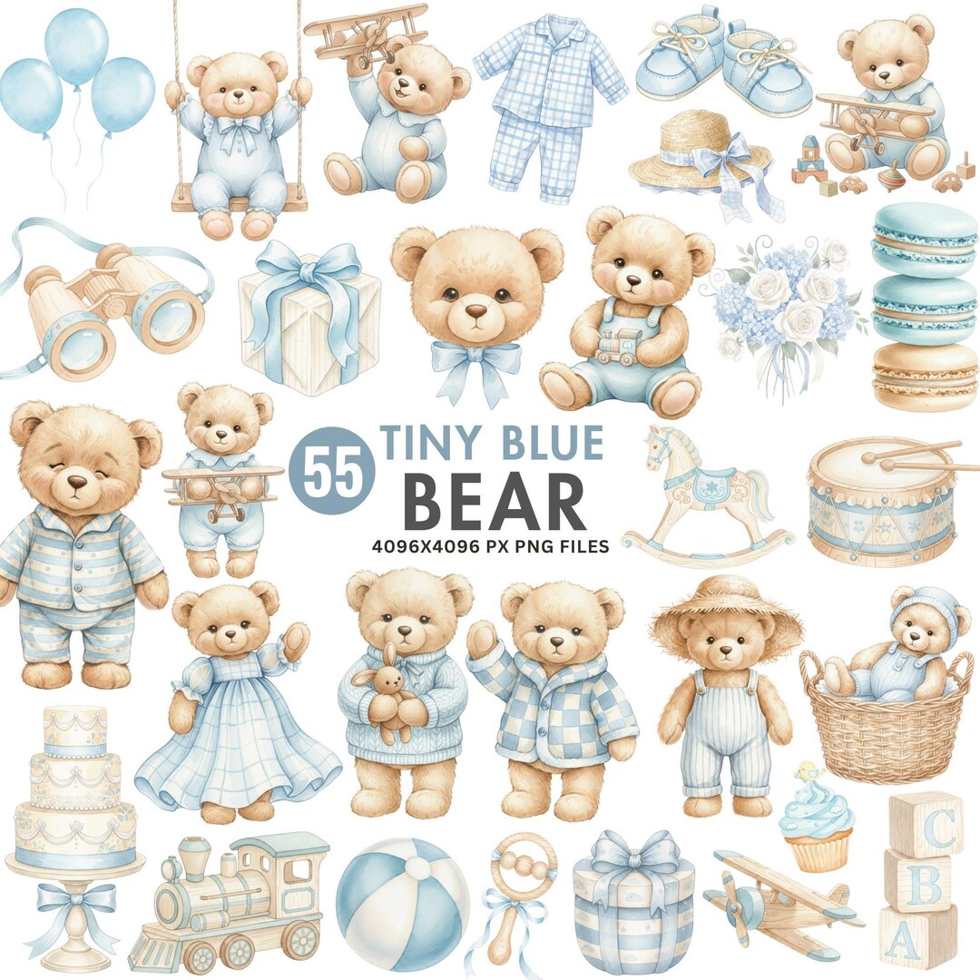 Blue Teddy Bear Clipart, Watercolor Baby Boy Teddies PNG, Cute Nursery ...