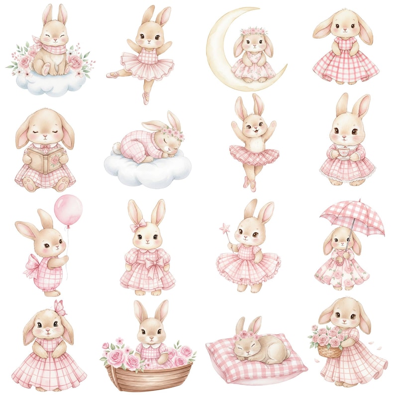 Boho-style pink bunny clipart with floral accents, suitable for sublimation, party invitations, and digital craft projects.