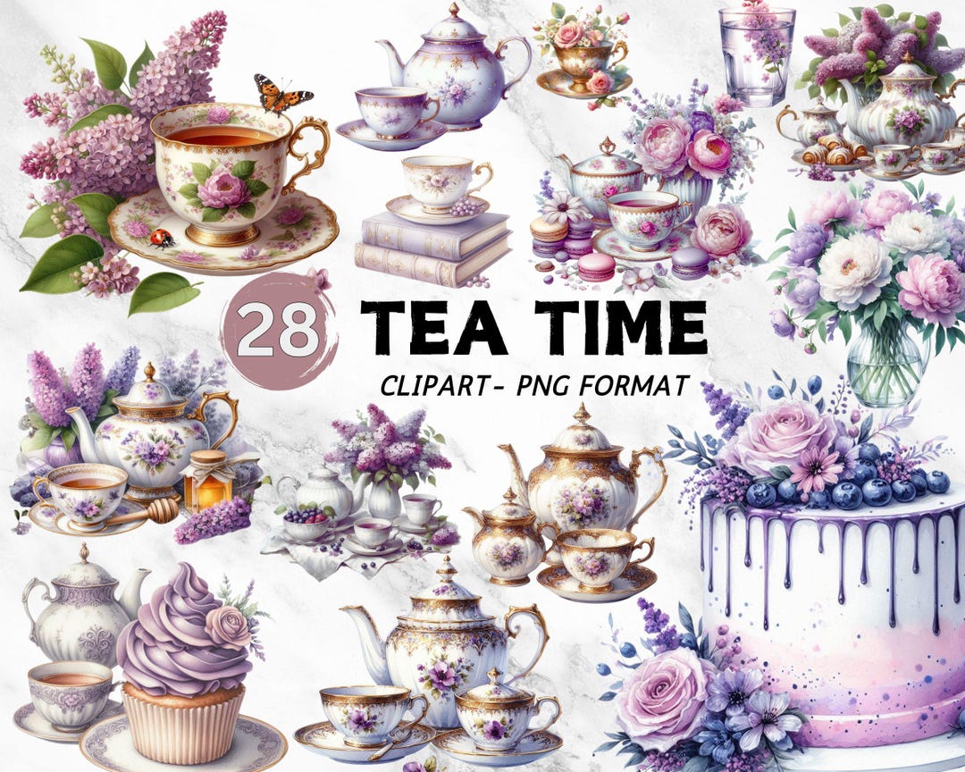 Floral Tea Time Clipart Vintage Tea Party Designs Watercolor Tea Cup ...