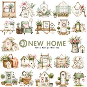 May include: A collection of 40 digital illustrations featuring new home themes, including houses, keys, floral arrangements, mailboxes, doors, and signs with text like home sweet home, all presented in a soft watercolour style on a white background.