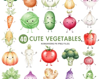 Clipart de verduras kawaii: Verduras en acuarela PNG, pegatinas para planificador