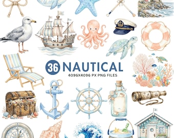 Watercolor Nautical Clipart, Ocean Marine PNG, Lighthouse - Anchor - Ship - Sailboat, Sea Life Nursery Art, Commercial Use Digital Download