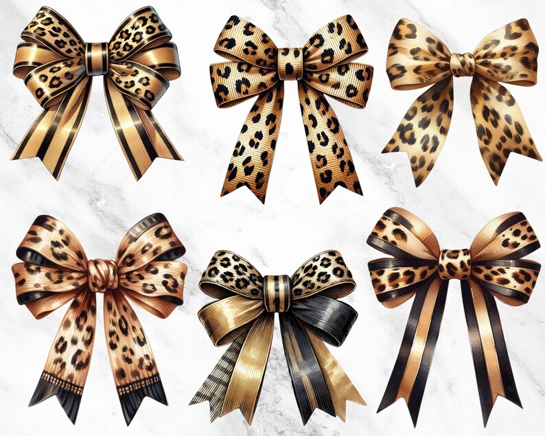 Girly Girl Bow Clipart, Cheetah Leopard Print Ribbons, Soft Girl Aesthetic, Digital Clipart for Crafts and Sublimation