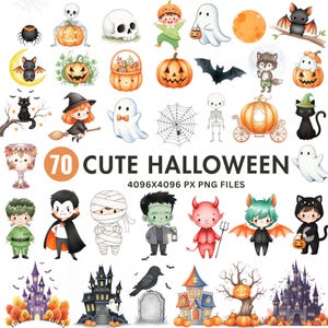 Cute Halloween Clipart, Kids Ghost PNG, Watercolor Halloween Clip Art, Pastel Pumpkin Graphics, Spooky Cute Monsters, Commercial Use Clipart