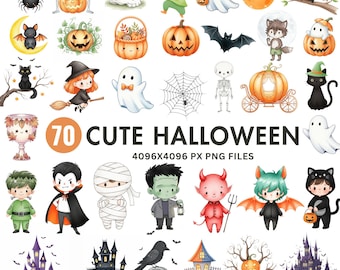 Cute Halloween Clipart, Kids Ghost PNG, Watercolor Halloween Clip Art, Pastel Pumpkin Graphics, Spooky Cute Monsters, Commercial Use Clipart