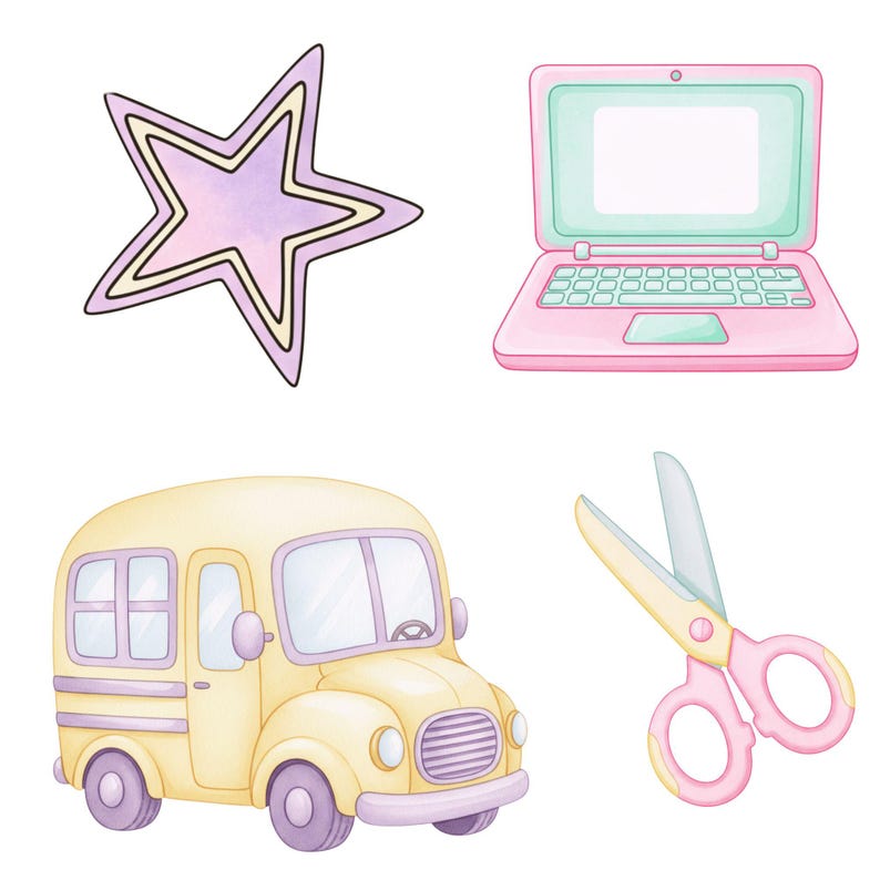 Soft pastel back to school elements for creative classroom projects, featuring smiling school objects and stationery in a fun cutecore aesthetic.