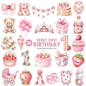 Clipart de primer cumpleaños con bayas, fresa linda PNG, arte para baby shower, bayas rosas coquetas, lazo de cuadros, archivos PNG para uso comercial
