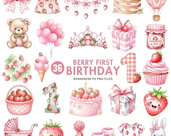 Clipart premier anniversaire de baies, fraise mignonne PNG, Sweet One Baby Shower Art, coquette baies roses, noeud Vichy, fichiers PNG à usage commercial