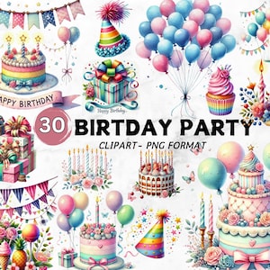 Pacchetto di clipart per feste di compleanno ad acquerello, torta, palloncini, regali PNG, inviti per feste, biglietti, arte decorativa, download digitale, uso commerciale