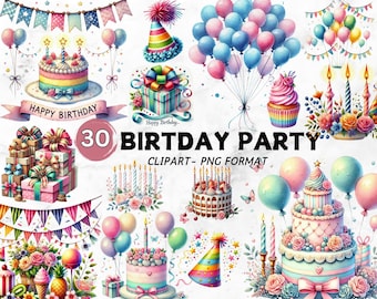 Watercolor Birthday Party Clipart: Cake, Balloons, Gifts (Digital Download)