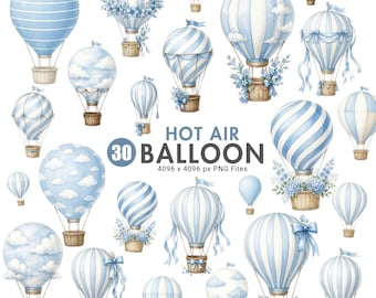 Blue Hot Air Balloon Clipart, Watercolor Balloon PNG, Baby Boy Nursery Decor, Boho Baby Shower Graphics, Whimsical Balloon, Commercial Use