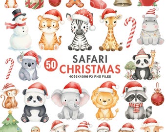 Safari Christmas Clipart, Watercolor Christmas Png, Safari Animals, Jungle Animals Xmas, Holiday Animals, Cute Christmas, Woodland Clipart