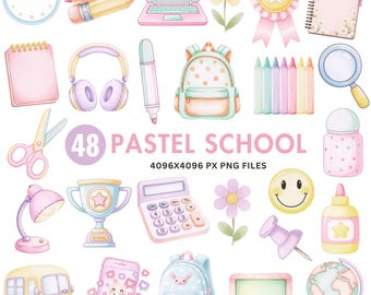 Clipart de regreso a clases en colores pastel, lindos útiles escolares PNG, clipart para maestros, decoración del aula, libros y Apple Pencil, arte educativo, uso comercial