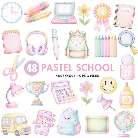 Pastel Back to School Clipart, Cute School Supplies PNG, Teacher Clipart, Classroom Decor, Books Apple Pencil, Education Art, Commercial Use