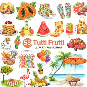 Watercolor Tutti Frutti Clipart, Juicy Fruit PNGs, Summer Fruit Illustrations, Colorful Printable Elements, Commercial Use, Digital Download
