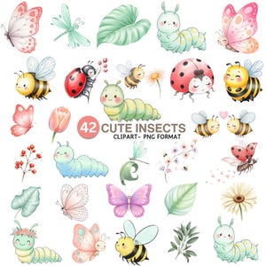 Watercolor Insect Clipart, Cute Bug PNG, Bumblebee Clipart, Ladybird Clipart, Butterfly Png, Dragonfly PNG, Instant Download, Commercial Use