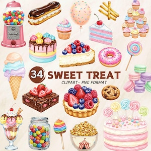 Aquarel zoete lekkernijen clipart cupcakes ijs koekjes donuts snoep lollies suikerspin PNG pastel snoep verjaardag dessert clipart
