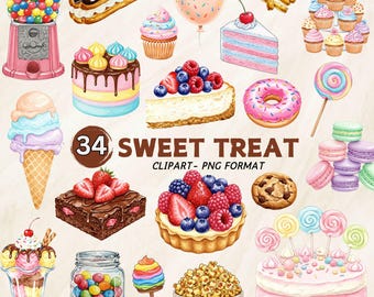 Akwarela Słodkie Przysmaki Clipart Babeczki Lody Ciasteczka Pączki Cukierki Lizaki Wata Cukrowa PNG Pastelowe Słodycze Urodziny Deser Clipart