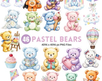 Pastel Bears Clipart, Colorful Teddy Bears Clipart, Rainbow Bear PNGs, Teddy Bear PNGs, Watercolor Clipart, Nursery Birthday, Commercial Use