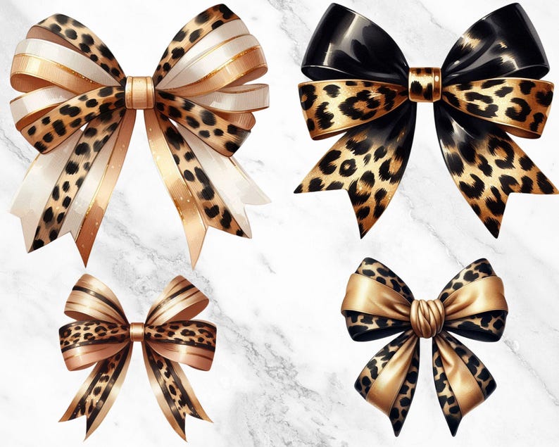 Girly Girl Bow Clipart with Leopard and Cheetah Print Ribbons, Soft Girl Aesthetic, Digital Clipart File for Crafting Projects
