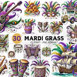 Watercolor Mardi Gras Clipart Bundle, Fleur De Lis and Beads Necklace PNG, Fat Tuesday, New Orleans Mardi Gras Art, Commercial Use Designs