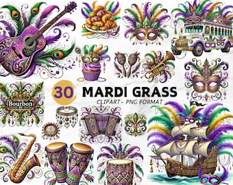 Paquete de imágenes prediseñadas de acuarela del Mardi Gras: Arte de Nueva Orleans (descarga digital)