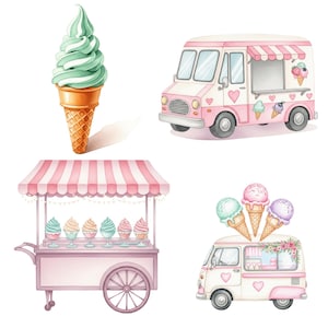 Ice Cream Truck and Cart Watercolor Clipart Set with Transparent Background, Ideal for Scrapbooking, Journals, and Party Invites