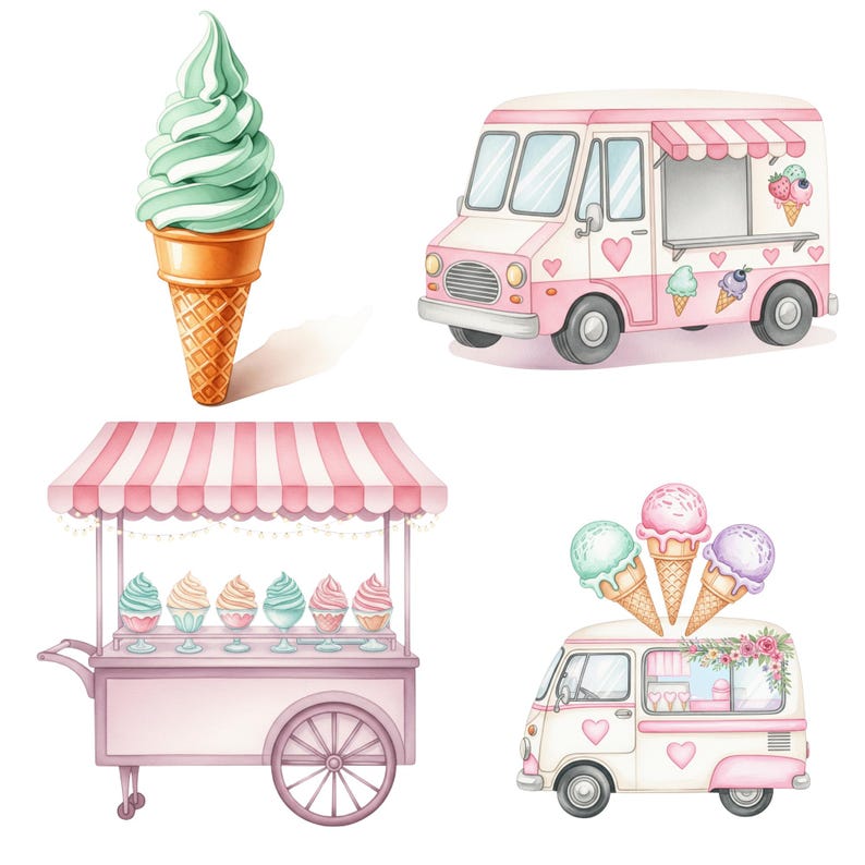 Ice Cream Truck and Cart Watercolor Clipart Set with Transparent Background, Ideal for Scrapbooking, Journals, and Party Invites