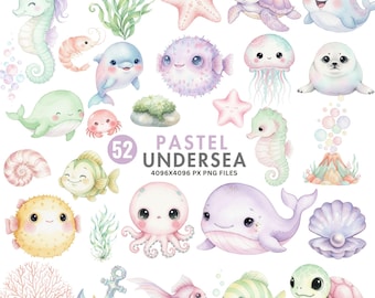 Pastel Under Sea Clipart, Cute Ocean Animals PNG, Whale Octopus Turtle, Seahorse Starfish, Watercolor Sea Creatures, Baby Shower & Nursery
