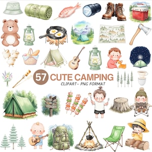 Watercolor Camping Clipart Bundle: Forest Animals, Tents, Campfire (PNG Digital Download)