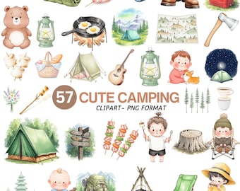 Watercolor Camping Clipart Bundle: Forest Animals, Tents, Campfire (PNG Digital Download)