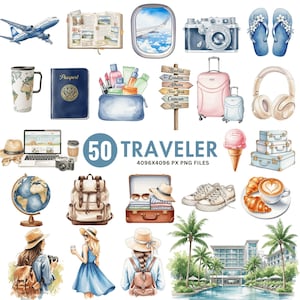 Watercolor Travel Clipart, Wanderlust PNG, Vintage Suitcase Png, Airplane Clipart, Summer Travel Graphics, Vacation PNG, Commercial Use