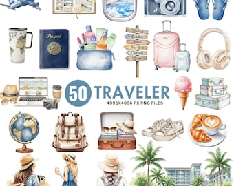 Clipart de viajes en acuarela, Wanderlust PNG, Maleta vintage PNG, Clipart de avión, Gráficos de viajes de verano, Vacaciones PNG, Uso comercial
