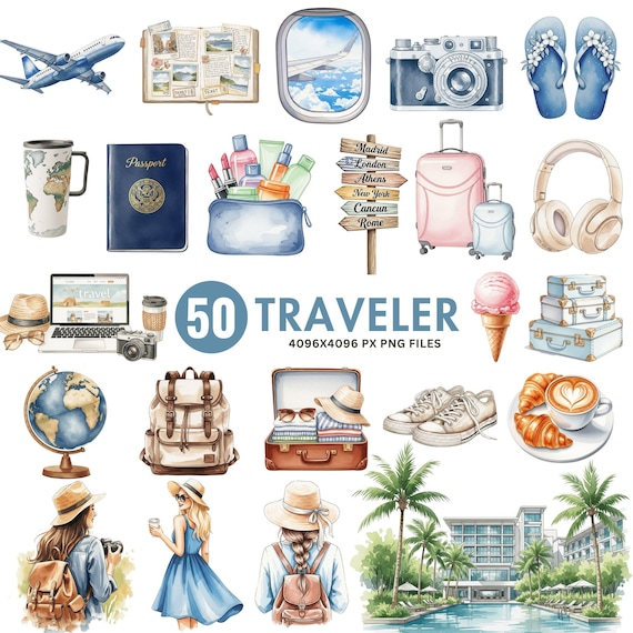 Watercolor Travel Clipart, Wanderlust PNG, Vintage Suitcase Png, Airplane Clipart, Summer Travel Graphics, Vacation PNG, Commercial Use