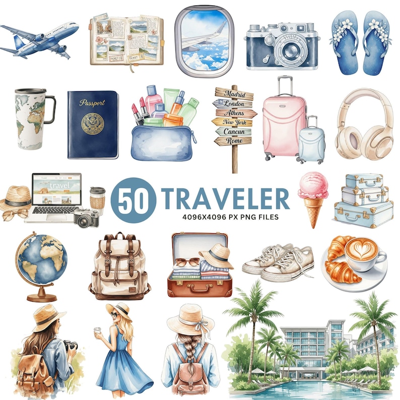 Watercolor traveler clipart set featuring girls with suitcases, ideal for vacation designs, travel journals, and summer scrapbooking projects.