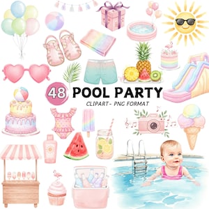 Watercolor Pool Party Clipart: Summer Beach Designs (Instant Download, 48 PNGs