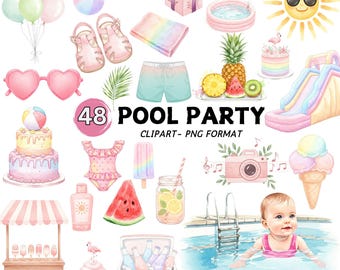 Clipart de fiesta en la piscina con acuarela: diseños de playa de verano (descarga instantánea, 48 PNG)