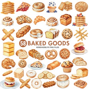 Puede incluir: Ilustración en acuarela de 58 productos de panadería, incluyendo panqueques, pastel, bagels, magdalenas, gofres, rollos de canela, galletas, cruasanes, pan, pretzels, magdalenas y donuts. El texto "58 Baked Goods" se muestra.