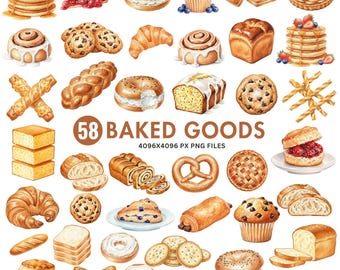 Watercolor Baked Goods Clipart, Bread Clipart, Croissant PNG, Muffins, Cookies, Pie, Pastry, Cupcake, Donut, Dessert, Baking, Commercial Use