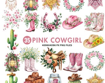 Pink Cowgirl Clipart PNG, Coquette Western Clipart, Watercolor Cowgirl Boots, Baby Shower, Wild West Png, Digital Download, Commercial Use