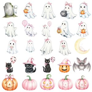 Adorable Halloween PNG collection featuring cute ghosts, pink pumpkins, kawaii bats, and watercolor witch hats for scrapbooking and DIY projects