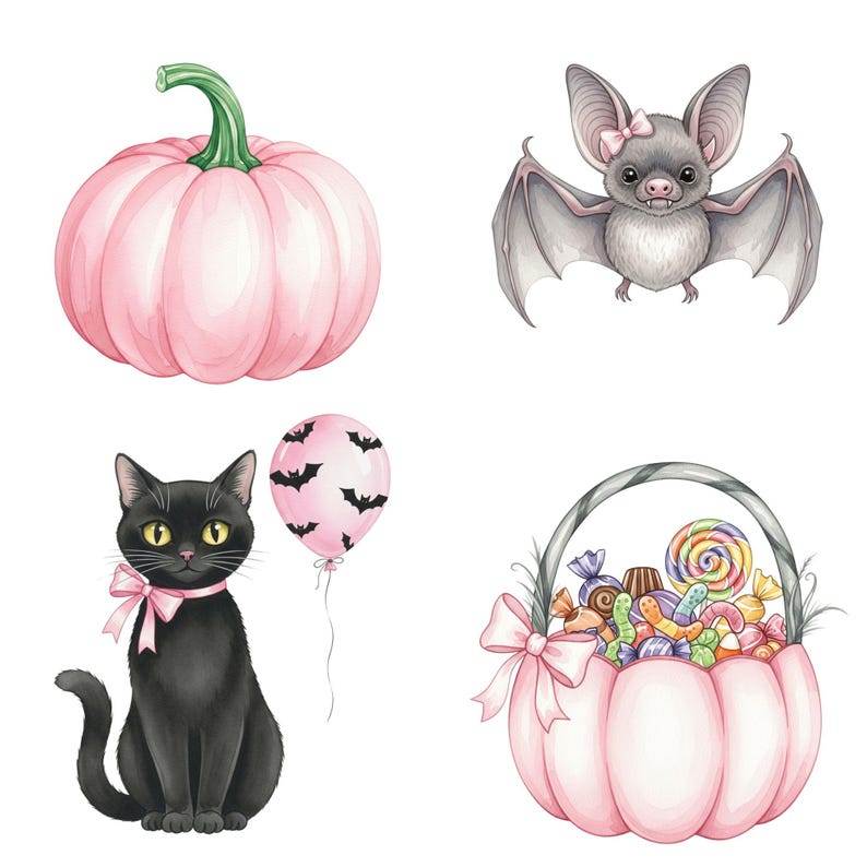 Cute pastel Halloween illustrations with kawaii ghosts, pumpkins, bats, and candy for digital art, stationery, and printable projects