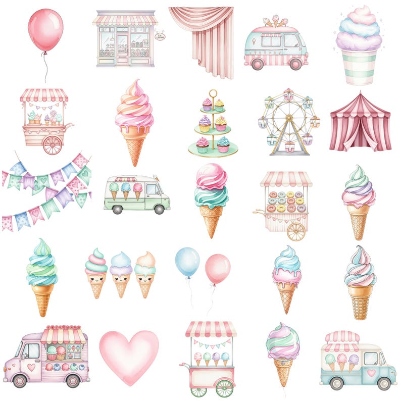 Cute Ice Cream Cart Clipart Featuring Hand-Painted Watercolor Elements, Perfect for Summer Party Decor and Printable Designs
